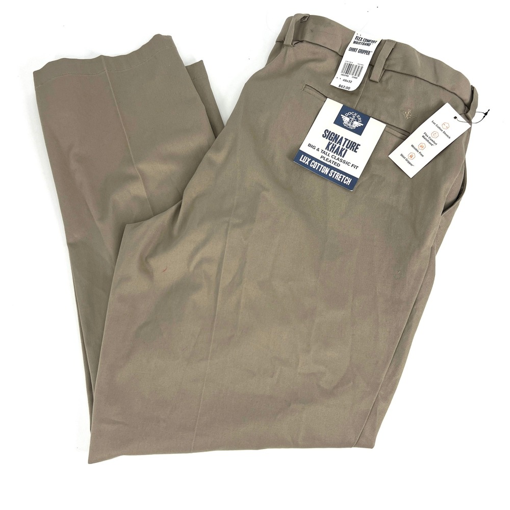 Dockers Mens Signature Khaki Big & Tall Classic Fit Pleated Pants Tan 48x32 NWT